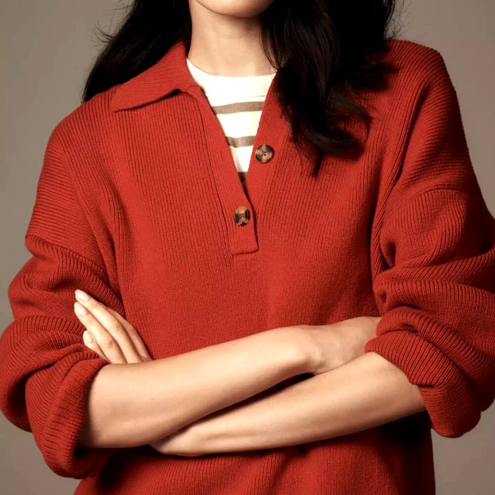 Reformation Red Brooklyn Polo Sweater Organic Cotton Sweater L NWT Anthropologie - Picture 4 of 9